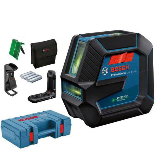 Bosch GLL 2-15/LB10 Linjalaser vihreä, laukulla ja paristoilla
