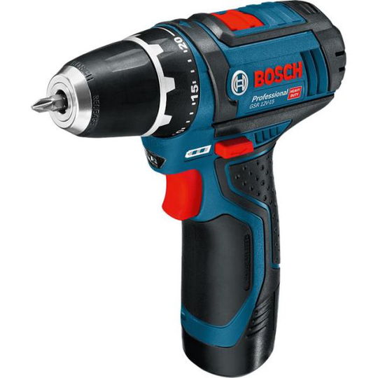 Bosch GSR 12V-15 Porakone-ruuvinväännin mukana yksi 2,0 Ah:n akku ja laturi
